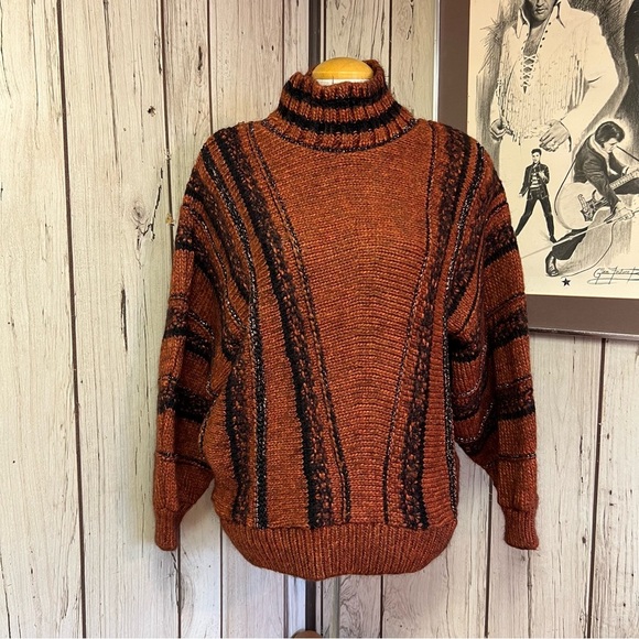 Topshop Women's Sweater 12 / L Burnt Orange Black Cowl Neck Wool Blend - Picture 2 of 10
